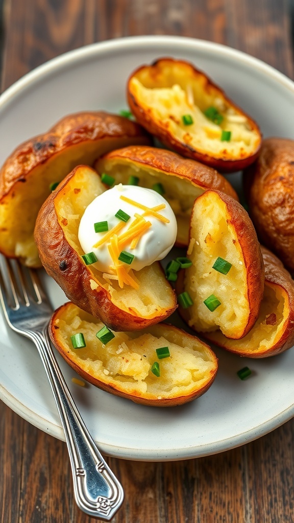 Crispy Air Fryer Baked Potatoes Recipe Air-fried baked potatoes with crispy skin, topped with sour cream, cheese, and chives on a wooden table.